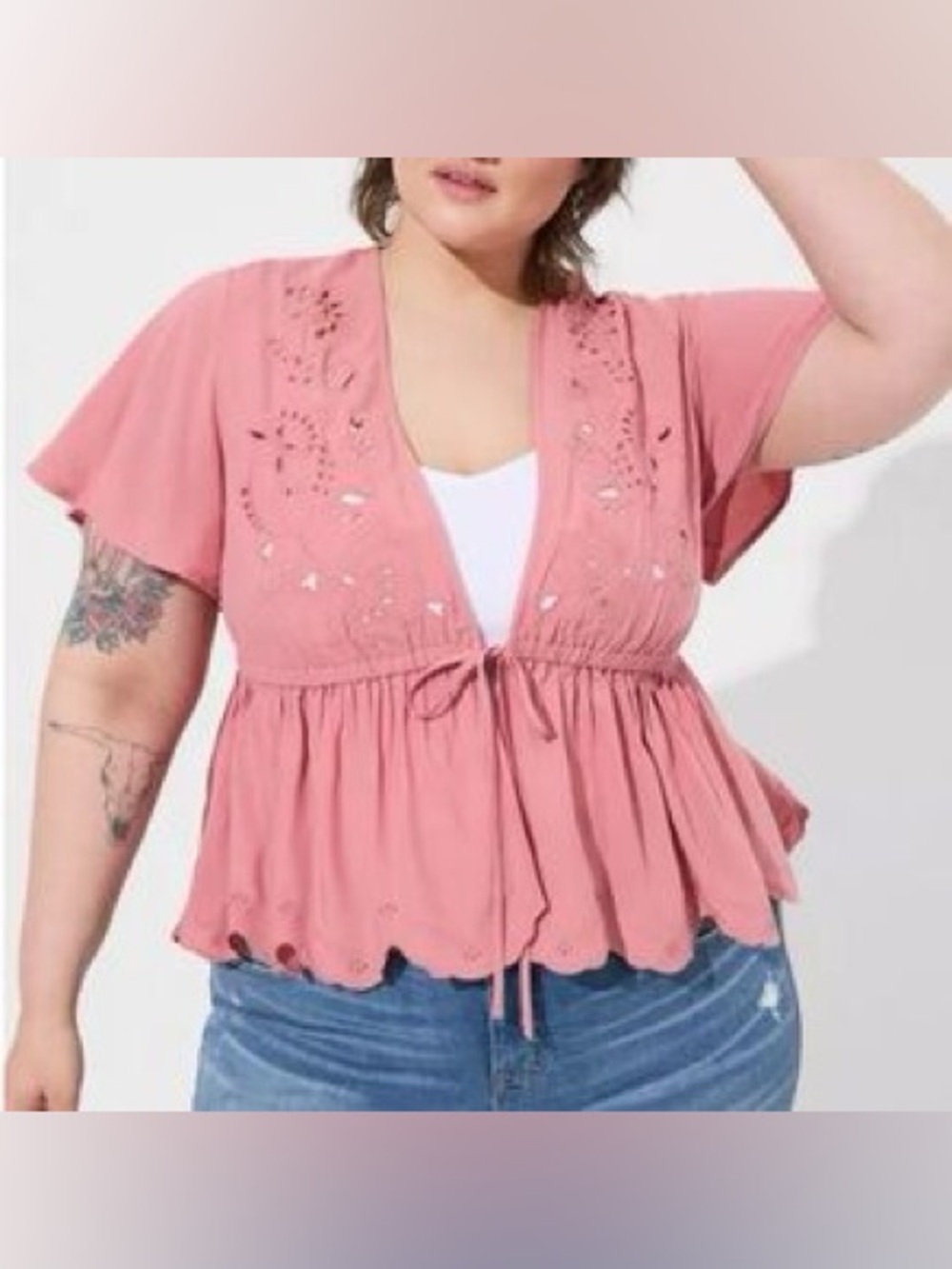 Torrid Dusty Rose Eyelet Tie-Front Peplum Top